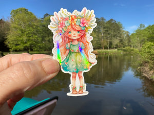 Sticker | Red Hair Fairy in Green Dress | Waterproof Vinyl Sticker | Permanent