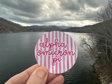 Load image into Gallery viewer, Sticker | AOP_F | Alpha Omicron Pi Watercolor Stripes Circle Sticker | Waterproof Vinyl Sticker | Permanent | Window Cling | Glitter