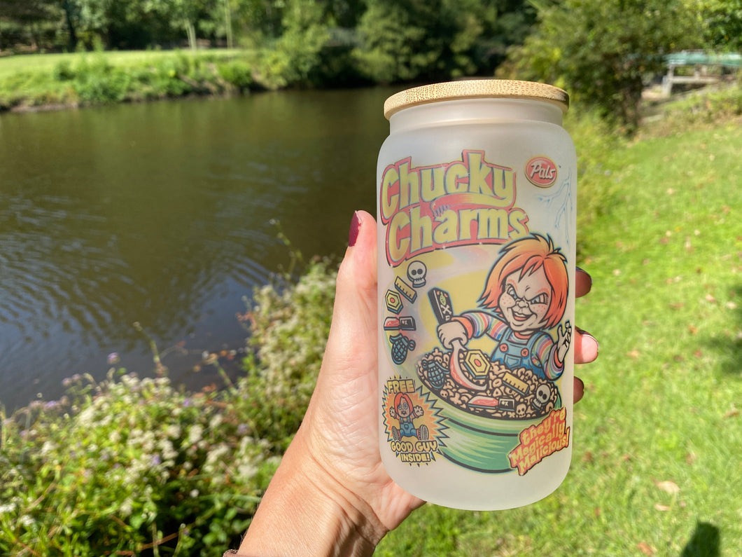 Drinkware 16 oz Frosted Glass Soda Can Shaped Drinking Glass with Chucky Charms Design