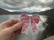 Load image into Gallery viewer, Sticker | AOP_E | Alpha Omicron Pi Toile Bow | Waterproof Vinyl Sticker | White | Clear | Permanent | Removable | Window Cling | Glitter | Holographic