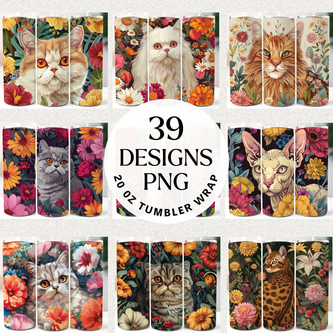 Floral Cat Illustration 20 oz Tumbler Bundle Digital Download