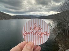 Load image into Gallery viewer, Sticker | ChiO_F | Chi Omega Watercolor Stripes Circle Sticker | Waterproof Vinyl Sticker | Permanent | Window Cling | Glitter |