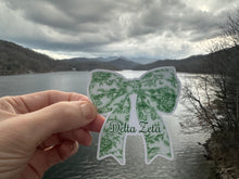 Load image into Gallery viewer, Sticker | DZ_E | Delta Zeta Toile Bow | Waterproof Vinyl Sticker | White | Permanent | Removable | Window Cling | Glitter | Holographic