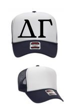 Load image into Gallery viewer, White Foam Front Navy Mesh Back Trucker Hat Black Greek Letters Delta Gamma