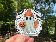 Load image into Gallery viewer, Sticker |  | Ghost with Coffee and Pumpkin | Waterproof Vinyl Sticker | White | Clear | Permanent | Removable | Window Cling | Glitter | Holographic