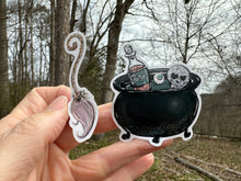 Load image into Gallery viewer, Sticker | 20K Halloween Cauldron Broom | Waterproof Vinyl Sticker | White | Clear | Permanent | Removable | Window Cling | Glitter | Holographic