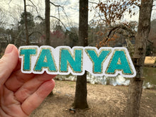 Load image into Gallery viewer, Custom Name Sticker in Faux Chenille Font Gold or Silver Border One name up to 4 inches wide