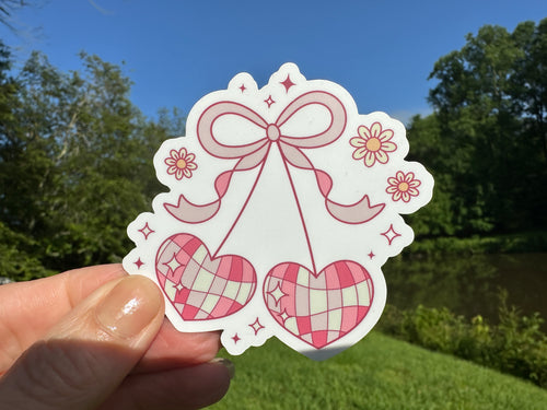 Sticker | F | Coquette Disco Ball Cherry Hearts | Waterproof Vinyl Sticker | White | Clear | Permanent | Removable | Window Cling | Glitter | Holographic