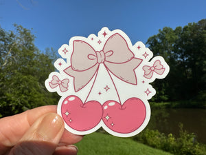 Sticker | H | Coquette Cherries with Bow | Waterproof Vinyl Sticker | White | Clear | Permanent | Removable | Window Cling | Glitter | Holographic
