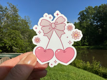 Load image into Gallery viewer, Sticker | E | Coquette Cherry Hearts | Waterproof Vinyl Sticker | White | Clear | Permanent | Removable | Window Cling | Glitter | Holographic