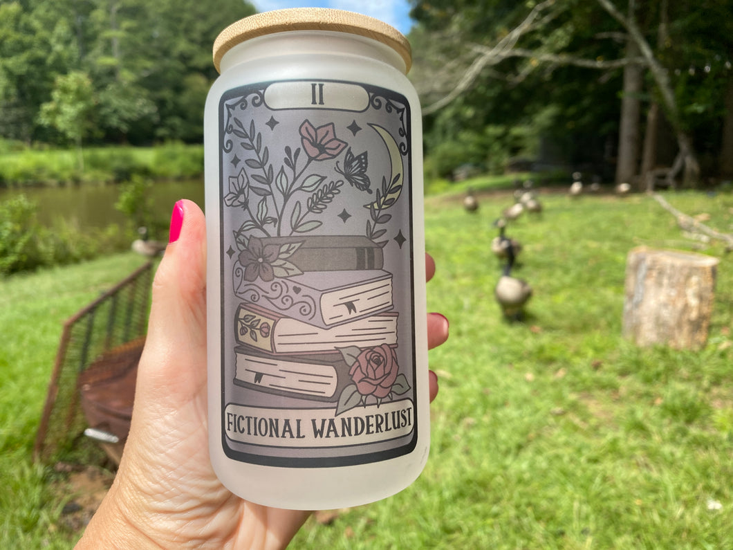 Drinkware 16 oz Frosted Glass Soda Can Shaped Drinking Glass with Fictional Wanderlust