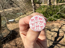 Load image into Gallery viewer, Pin Back Button Pink and Red Coquette Bows pattern