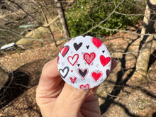 Load image into Gallery viewer, Pin Back Button Red and Black Hearts