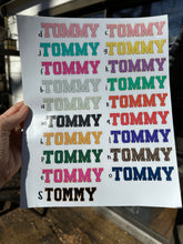 Load image into Gallery viewer, Custom Name Sticker in Faux Chenille Font Gold or Silver Border One name up to 4 inches wide