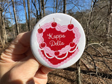 Load image into Gallery viewer, Pin Back Button Sorority Red and Pink Coquette Cake Valentines Day
