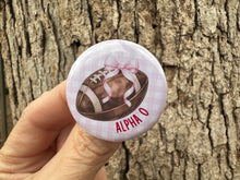 Load image into Gallery viewer, Sorority Game Day Pin Back Button Football and Pink Alpha Omicron Pi AOP AOPi