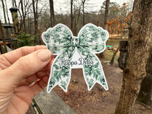 Load image into Gallery viewer, Sticker | KD_E | Kappa Delta Toile Bow | Waterproof Vinyl Sticker | White | Clear | Permanent | Removable | Window Cling | Glitter | Holographic