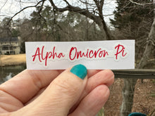 Load image into Gallery viewer, Sticker | AOP_D | Alpha Omicron Pi Signature | Waterproof Vinyl Sticker | White | Clear | Permanent | Removable | Window Cling | Glitter | Holographic