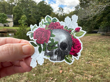 Load image into Gallery viewer, Sticker | 55H | Skull with Flowers | Waterproof Vinyl Sticker | White | Clear | Permanent | Removable | Window Cling | Glitter | Holographic (Copy)