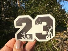 Load image into Gallery viewer, Sticker | Sports Number in Flames | Waterproof Vinyl Sticker | Permanent