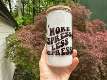 Load image into Gallery viewer, Drinkware 16 oz Clear Glass Soda Can Shaped Drinking Glass More Espresso Less Depresso