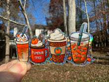 Load image into Gallery viewer, Sticker | 53N | Pumpkin Spice Drinks Theme | Waterproof Vinyl Sticker | White | Clear | Permanent | Removable | Window Cling | Glitter | Holographic