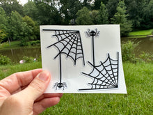 Load image into Gallery viewer, Sticker | 74E | Spider in Web Corner | Waterproof Vinyl Sticker | White | Clear | Permanent | Removable | Window Cling | Glitter | Holographic