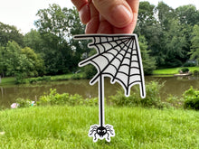 Load image into Gallery viewer, Sticker | 74E | Spider in Web Corner | Waterproof Vinyl Sticker | White | Clear | Permanent | Removable | Window Cling | Glitter | Holographic