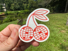 Load image into Gallery viewer, Sticker | 74J | Red Mirror Ball Cherries | Waterproof Vinyl Sticker | White | Clear | Permanent | Removable | Window Cling | Glitter | Holographic