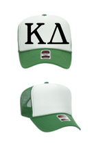 Load image into Gallery viewer, White Foam Front Kelly Green Mesh Back Trucker Hat Black Greek Letters Kappa Delta
