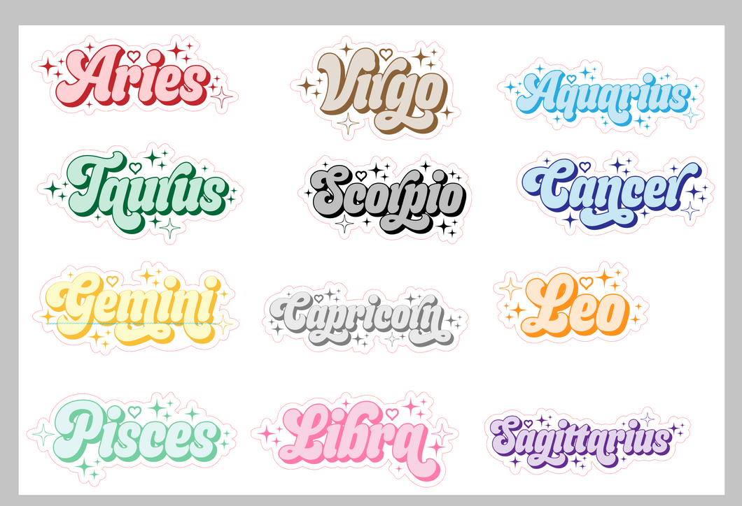 Sticker Sheet | Set of little Fancy Zodiac Names planner stickers 5 X 7