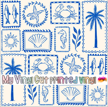 Load image into Gallery viewer, Printed Vinyl HTV &amp; Waterslide Blue Hand Drawn Summer Patterns 12 x 12 inch sheet