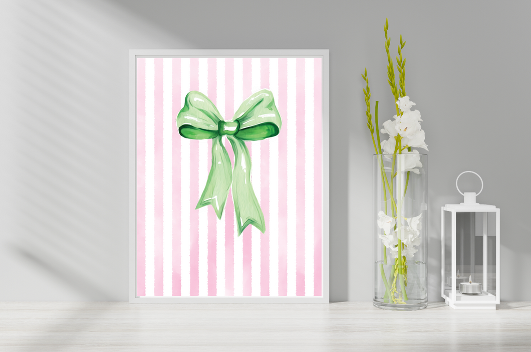 Poster | 16 x 20 | inches | Light Pink | Watercolor Striped Background | Green Bow