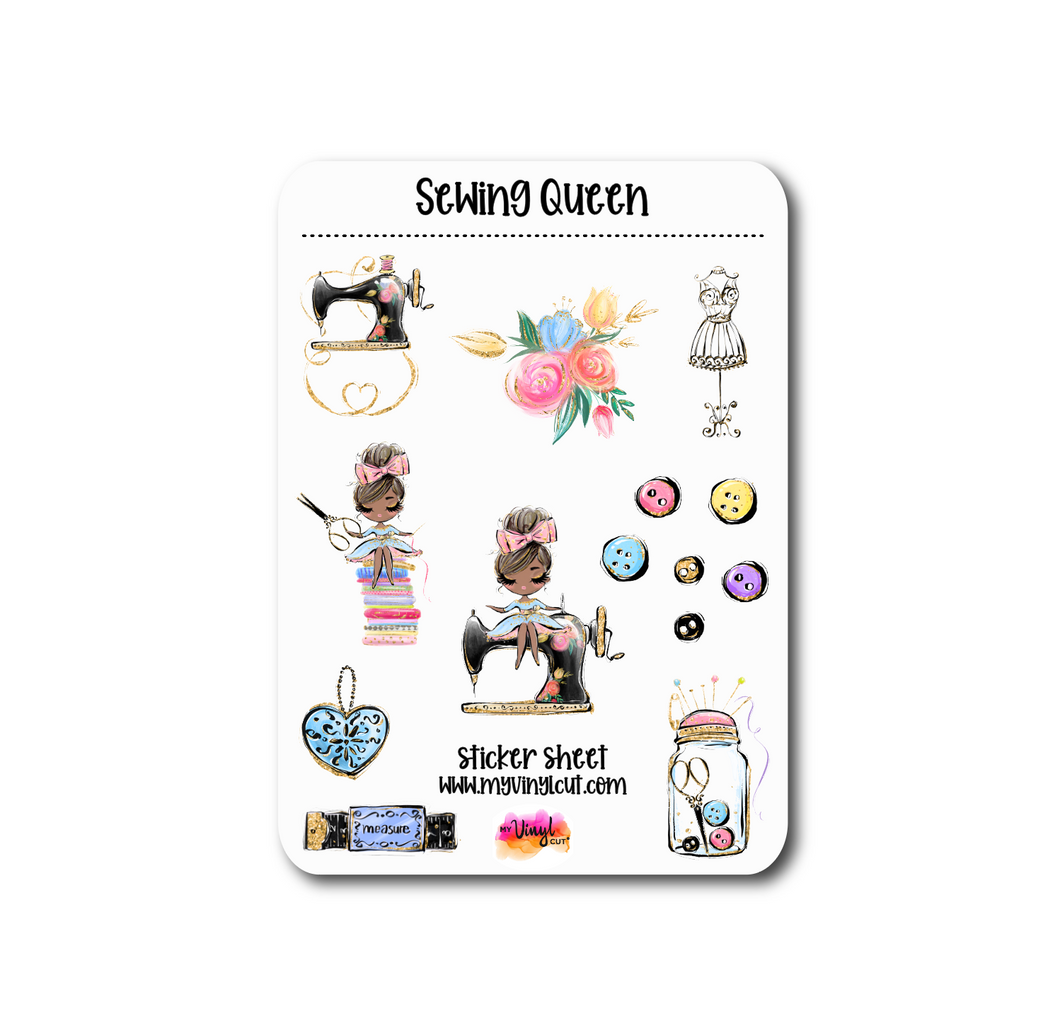 Sticker Sheet |  | Set of little planner stickers Sewing Queen Dark Skin 5 X 7
