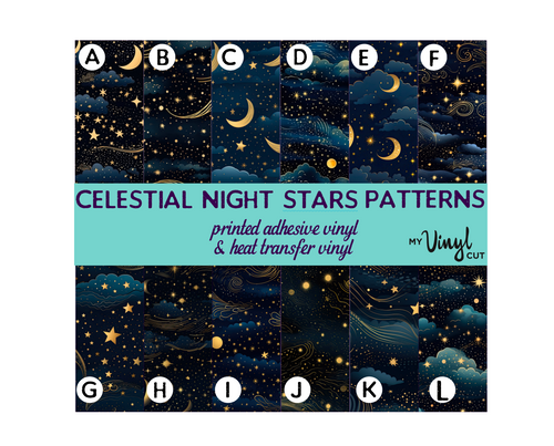 Printed Vinyl HTV & Waterslide Celestial Stars Patterns 12 x 12 inch sheet