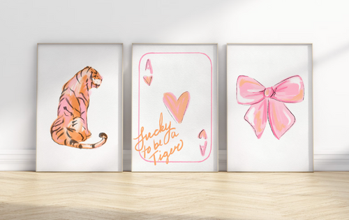 Poster | Set of 3 | 16 x 20 | inches | Pink and Orange | Pink Coquette Bow | Lucky Tiger Wall/Dorm Decor