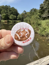 Load image into Gallery viewer, Sorority Game Day Pin Back Button Football and Pink Alpha Omicron Pi AOP AOPi