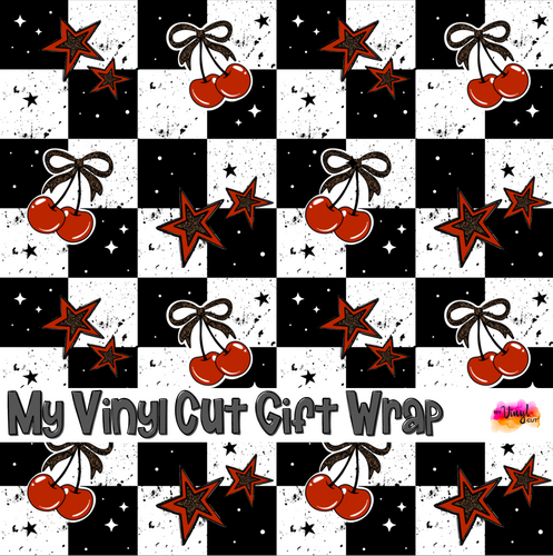 Christmas Gift Wrap Printed Wrapping Paper Checkerboard Cherries and Stars