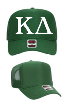 Load image into Gallery viewer, Kelly Green Foam Front Kelly Green Mesh Back Trucker Hat White Greek Letters Kappa Delta