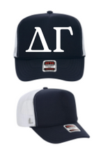 Load image into Gallery viewer, Navy Foam Front White Mesh Back Trucker Hat White Greek Letters Delta Gamma