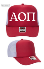 Load image into Gallery viewer, Red Foam Front White Mesh Back Trucker Hat White Greek Letters Alpha Omicron Pi