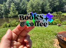 Load image into Gallery viewer, Sticker | 72A | Books and Coffee | Waterproof Vinyl Sticker | White | Clear | Permanent | Removable | Window Cling | Glitter | Holographic