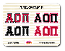 Load image into Gallery viewer, Sticker Sheet | Alpha Omicron Pi | Set of 3 inch Sorority Greek Letters stickers 6 X 8