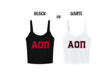 Load image into Gallery viewer, Crop Top Tank Alpha Omicron Pi Greek Letters Available in Black or White