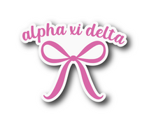 Load image into Gallery viewer, Sticker | AXID | Alpha Xi Delta Pink Bow | Waterproof Vinyl Sticker | White | Clear | Permanent | Removable | Window Cling | Glitter | Holographic