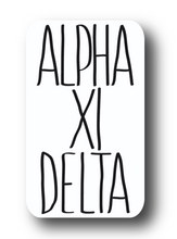 Load image into Gallery viewer, Sorority Sticker | Alpha Xi Delta | AXID_J | Tall Skinny Stack Lettering | Waterproof Vinyl Sticker | Permanent