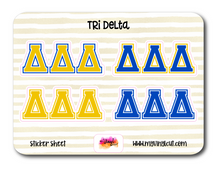 Load image into Gallery viewer, Sticker Sheet | Delta Delta Delta | Set of 3 inch Sorority Greek Letters stickers 6 X 8