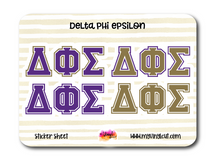 Load image into Gallery viewer, Sticker Sheet | Delta Phi Epsilon | Set of 3 inch Sorority Greek Letters stickers 6 X 8