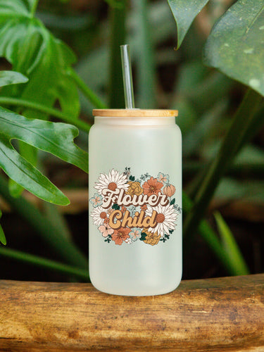 Drinkware 16 oz Frosted Glass Soda Can Shaped Drinking Glass with Flower Child UV DTF Transfer