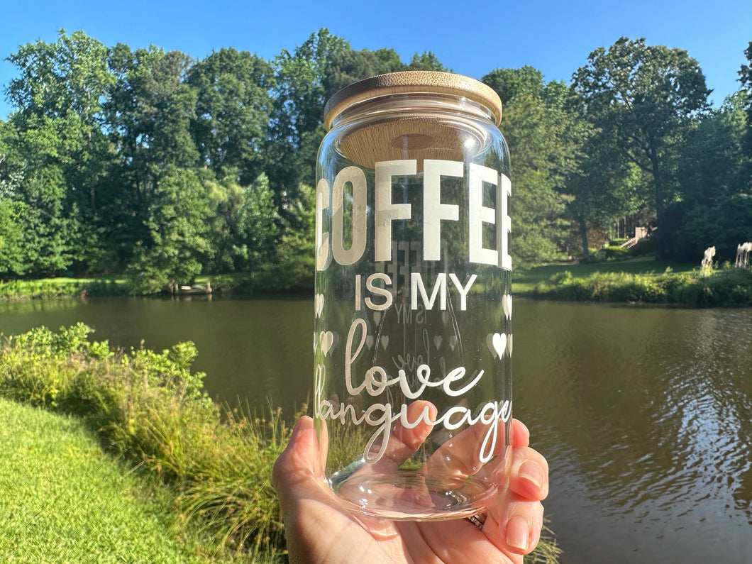 Drinkware 16 oz Clear Glass Soda Can Shaped Drinking Glass with Coffee Designs UV DTF